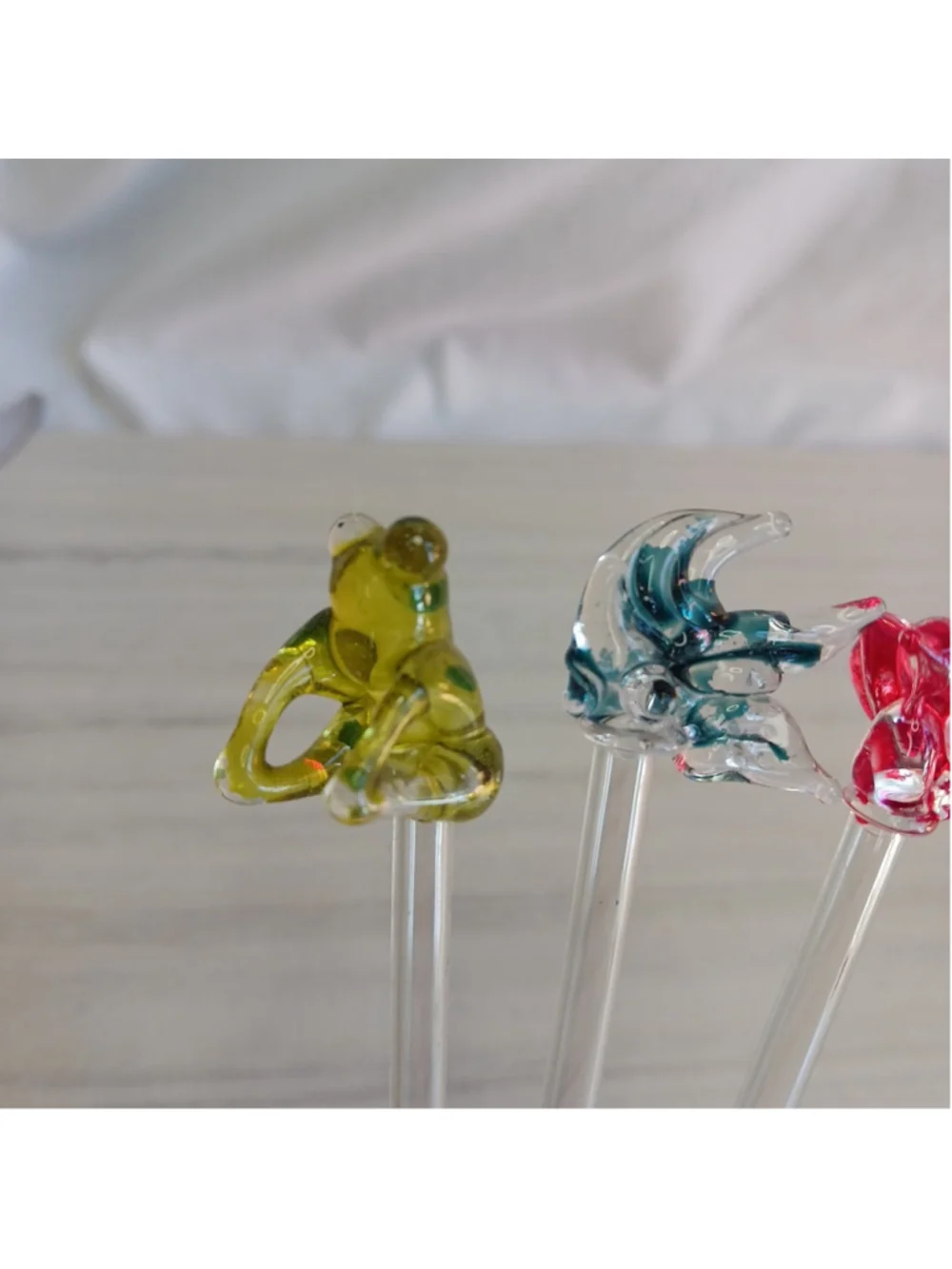 Vintage Blown Glass Swizzle Sticks Frog Fish Bird 3 Pc